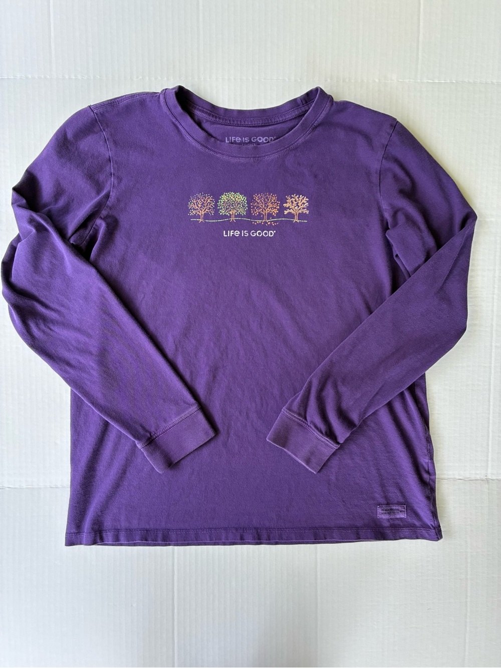 Life is Good women’s long sleeve shirt in size large, purple seasonal trees